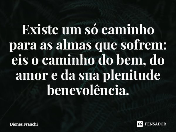 ⁠Existe um só caminho para as almas que sofrem: eis o caminho do bem, do amor e da sua plenitude benevolência.... Frase de Diones Franchi.