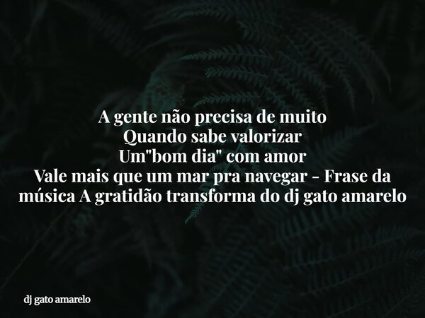 A gente não precisa de muito Quando sabe valorizar Um "bom dia" com amor Vale mais que um mar pra navegar - Frase da música A gratidão transforma do d... Frase de dj gato amarelo.