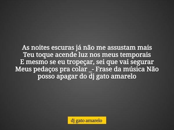 As noites escuras já não me assustam mais Teu toque acende luz nos meus temporais E mesmo se eu tropeçar, sei que vai segurar Meus pedaços pra colar _- Frase da... Frase de dj gato amarelo.