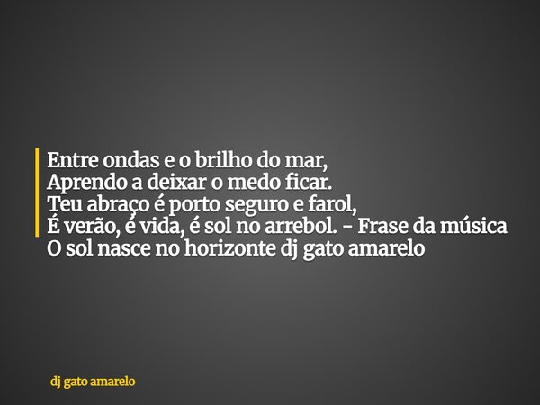 Entre ondas e o brilho do mar, Aprendo a deixar o medo ficar. Teu abraço é porto seguro e farol, É verão, é vida, é sol no arrebol. - Frase da música O sol nasc... Frase de dj gato amarelo.