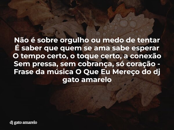 Não é sobre orgulho ou medo de tentar É saber que quem se ama sabe esperar O tempo certo, o toque certo, a conexão Sem pressa, sem cobrança, só coração - Frase ... Frase de dj gato amarelo.