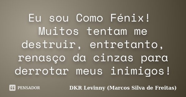 Eu sou Como Fénix! Muitos tentam me destruir, entretanto, renasço da cinzas para derrotar meus inimigos!... Frase de DKR Levinny (Marcos Silva de Freitas).