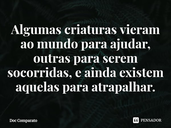 ⁠Algumas criaturas vieram ao mundo para ajudar, outras para serem socorridas, e ainda existem aquelas para atrapalhar.... Frase de Doc Comparato.