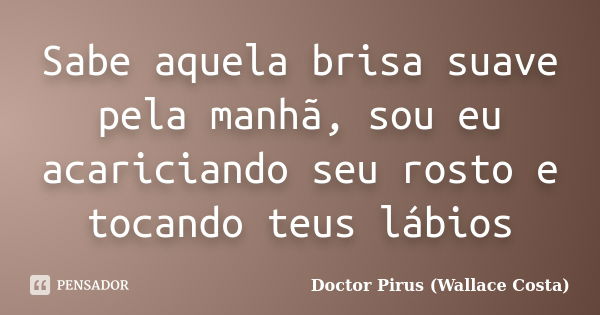 Sabe aquela brisa suave pela manhã, sou eu acariciando seu rosto e tocando teus lábios... Frase de Doctor Pirus (Wallace Costa).