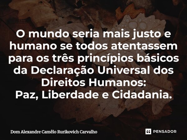 ⁠O mundo seria mais justo e humano se todos atentassem para os três princípios básicos da Declaração Universal dos Direitos Humanos: Paz, Liberdade e Cidadania.... Frase de Dom Alexandre Camêlo Rurikovich Carvalho.