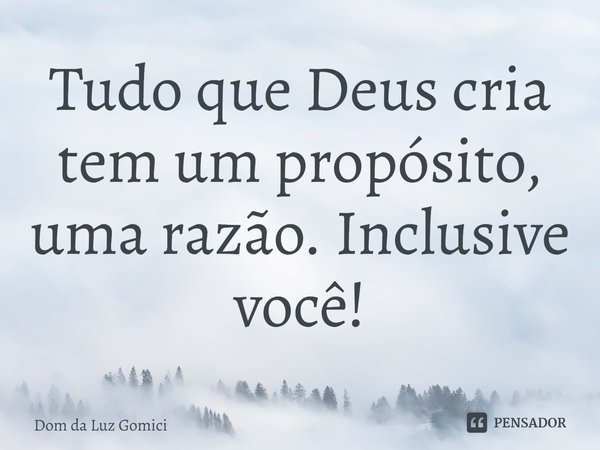 Tudo que Deus cria tem um propósito, uma razão. Inclusive você!... Frase de Dom da Luz Gomici.