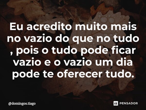 ⁠Eu acredito muito mais no vazio do que no tudo , pois o tudo pode ficar vazio e o vazio um dia pode te oferecer tudo.... Frase de domingos.tiago.