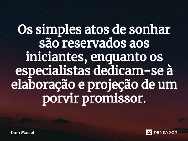 ⁠Os simples atos de sonhar são reservados aos iniciantes, enquanto os especialistas dedicam-se à elaboração e projeção de um porvir promissor.... Frase de Dom Maciel.