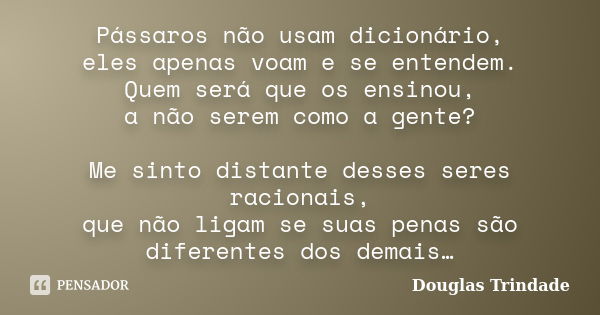 Pássaros não usam dicionário, eles apenas voam e se entendem. Quem será que os ensinou, a não serem como a gente? Me sinto distante desses seres racionais, que ... Frase de Douglas Trindade.