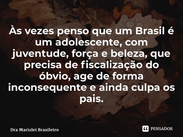 ⁠Às vezes penso que um Brasil é um adolescente, com juventude, força e beleza, que precisa de fiscalização do óbvio, age de forma inconsequente e ainda culpa os... Frase de Dra Marislei Brasileiro.