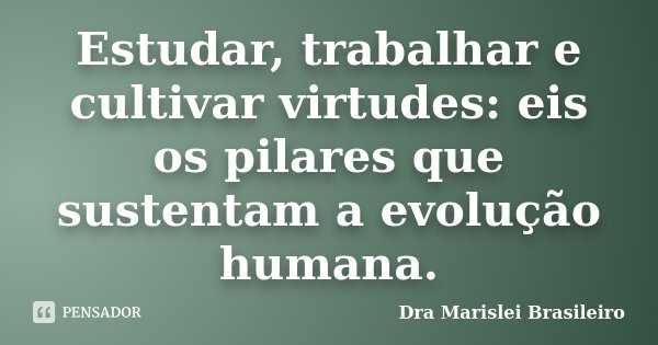 Estudar, trabalhar e cultivar virtudes: eis os pilares que sustentam a evolução humana.... Frase de Dra Marislei Brasileiro.