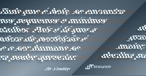 Tudo que é belo, se encontra nos pequenos e mínimos detalhes. Pois é lá que a grandeza da perfeição é maior, e o ser humano se declina para poder apreciar.... Frase de Dr. Cowboy.