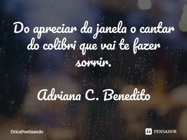 ⁠Do apreciar da janela o cantar do colibri que vai te fazer sorrir. Adriana C. Benedito... Frase de DricaPoetizando.