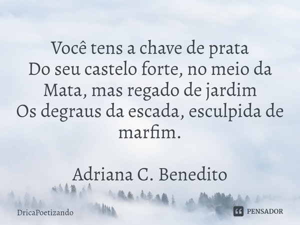 ⁠Você tens a chave de prata
Do seu castelo forte, no meio da Mata, mas regado de jardim
Os degraus da escada, esculpida de marfim. Adriana C. Benedito... Frase de DricaPoetizando.