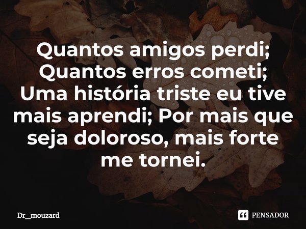 Quantos amigos perdi;
Quantos erros cometi;
Uma história triste eu tive mais aprendi; Por mais que seja doloroso, mais forte me tornei.... Frase de Dr_mouzard.