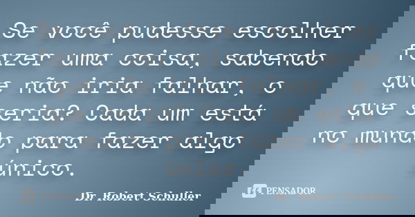 Se você pudesse escolher fazer uma coisa, sabendo que não iria falhar, o que seria? Cada um está no mundo para fazer algo único.... Frase de Dr. Robert Schuller.