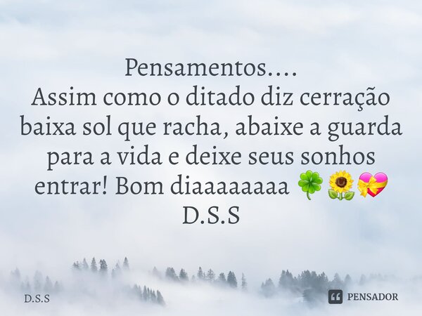 ⁠Pensamentos.... Assim como o ditado diz cerração baixa sol que racha, abaixe a guarda para a vida e deixe seus sonhos entrar! Bom diaaaaaaaa 🍀🌻💝 D.S.S... Frase de D.S.S.