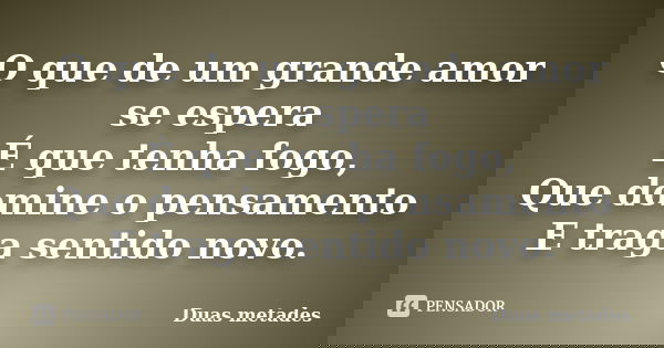 O que de um grande amor se espera É que tenha fogo, Que domine o pensamento E traga sentido novo.... Frase de Duas metades.