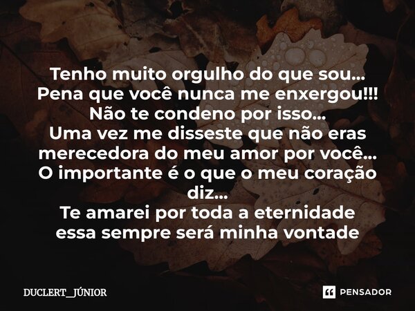 Tenho muito orgulho do que sou... Pena que você nunca me enxergou!!! Não te condeno por isso... Uma vez me disseste que não eras merecedora do meu amor por voc... Frase de DUCLERT_JÚNIOR.