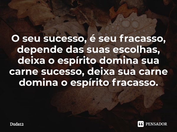 ⁠O seu sucesso, é seu fracasso, depende das suas escolhas, deixa o espírito domina sua carne sucesso, deixa sua carne domina o espírito fracasso.... Frase de Duda12.