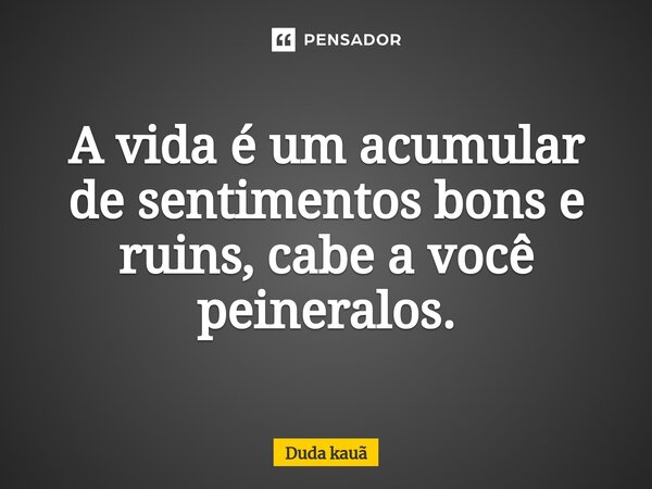 A vida é um acumular de sentimentos bons e ruins, cabe a você peineralos.... Frase de Duda kauã.