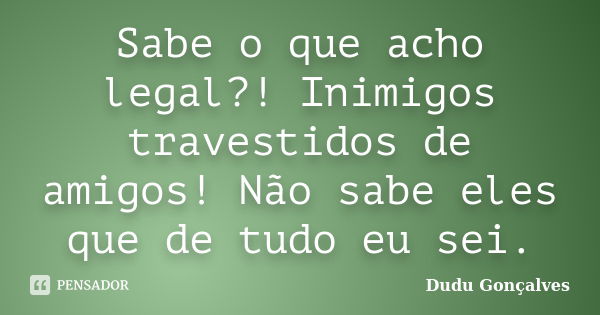 Sabe o que acho legal?! Inimigos travestidos de amigos! Não sabe eles que de tudo eu sei.... Frase de Dudu Gonçalves.