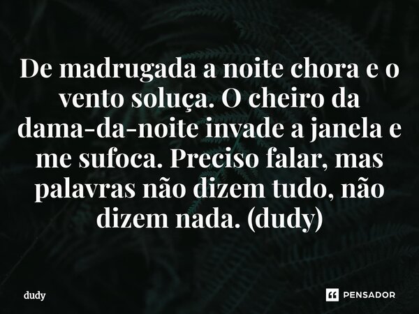 ⁠De madrugada a noite chora e o vento soluça. O cheiro da dama-da-noite invade a janela e me sufoca. Preciso falar, mas palavras não dizem tudo, não dizem nada.... Frase de dudy.