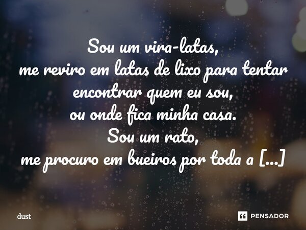 Sou um vira-latas, me reviro em latas de lixo para tentar encontrar quem eu sou, ou onde fica minha casa. Sou um rato, me procuro em bueiros por toda a cidade.... Frase de dust.