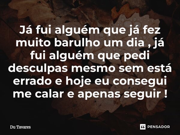 ⁠Já fui alguém que já fez muito barulho um dia , já fui alguém que pedi desculpas mesmo sem está errado e hoje eu consegui me calar e apenas seguir !... Frase de Du Tavares.