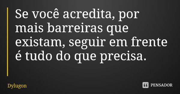 Se você acredita, por mais barreiras que existam, seguir em frente é tudo do que precisa.... Frase de Dylugon.