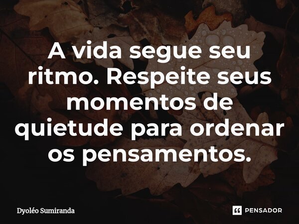 ⁠A vida segue seu ritmo. Respeite seus momentos de quietude para ordenar os pensamentos.... Frase de Dyoléo Sumiranda.