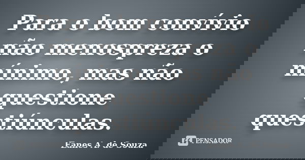 Para o bom convívio não menospreza o mínimo, mas não questione questiúnculas.... Frase de Eanes A. de Souza.