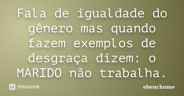 Fala de igualdade do gênero mas quando fazem exemplos de desgraça dizem: o MARIDO não trabalha.... Frase de ebenchume.