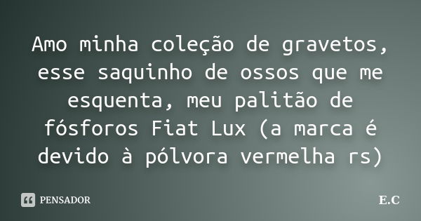 Amo minha coleção de gravetos, esse saquinho de ossos que me esquenta, meu palitão de fósforos Fiat Lux (a marca é devido à pólvora vermelha rs)... Frase de E. C..