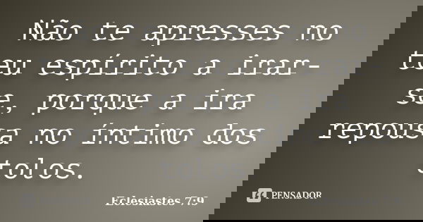 Não te apresses no teu espírito a irar-se, porque a ira repousa no íntimo dos tolos.... Frase de Eclesiastes 7:9.