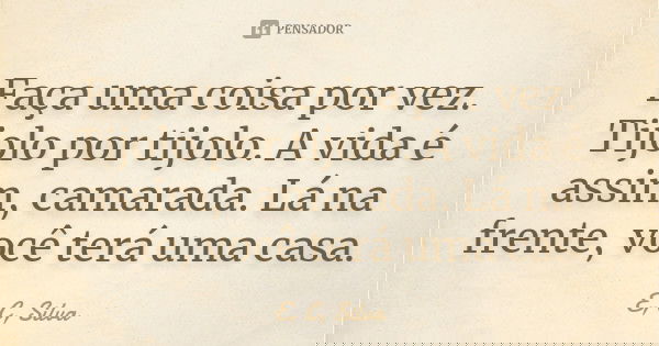 Faça uma coisa por vez. Tijolo por tijolo. A vida é assim, camarada. Lá na frente, você terá uma casa.... Frase de E. C. Silva.