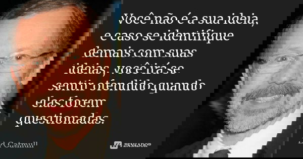 Você não é a sua ideia, e caso se identifique demais com suas ideias, você irá se sentir ofendido quando elas forem questionadas.... Frase de Ed Catmull.