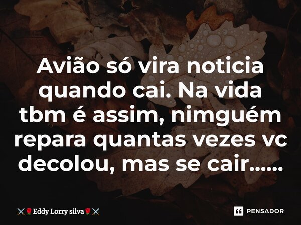 Avião só vira noticia quando cai⁠. Na vida tbm é assim, nimguém repara quantas vezes vc decolou, mas se cair......... Frase de Eddy Lorry silva.