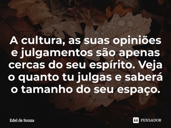 A cultura, as suas opiniões e julgamentos são apenas cercas do seu espírito. Veja o quanto tu julgas e saberá o tamanho do seu espaço.... Frase de Edel de Souza.