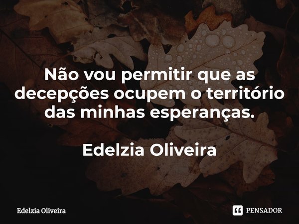 ⁠⁠Não vou permitir que as decepções ocupem o território das minhas esperanças. Edelzia Oliveira... Frase de Edelzia Oliveira.
