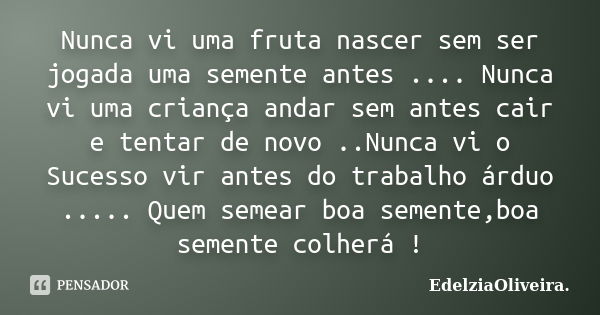 Nunca vi uma fruta nascer sem ser jogada uma semente antes .... Nunca vi uma criança andar sem antes cair e tentar de novo ..Nunca vi o Sucesso vir antes do tra... Frase de EdelziaOliveira..