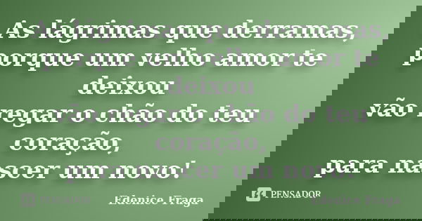 As lágrimas que derramas, porque um velho amor te deixou vão regar o chão do teu coração, para nascer um novo!... Frase de Edenice Fraga.