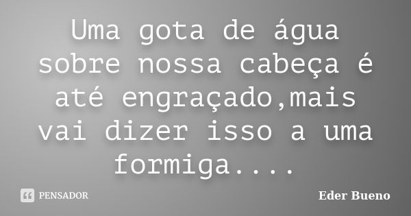 Uma gota de água sobre nossa cabeça é até engraçado,mais vai dizer isso a uma formiga....... Frase de Eder Bueno.