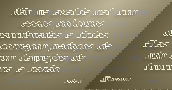 Não me avalie mal com essas palavras desordenadas e frias. Elas carregam pedaços de mim com lampejos de loucura e razão.... Frase de Eder L.