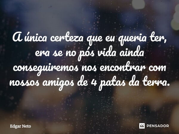 ⁠A única certeza que eu queria ter, era se no pós vida ainda conseguiremos nos encontrar com nossos amigos de 4 patas da terra.... Frase de Edgar Neto.