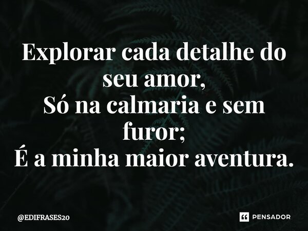 ⁠Explorar cada detalhe do seu amor, Só na calmaria e sem furor; É a minha maior aventura.... Frase de EDIFRASES20.