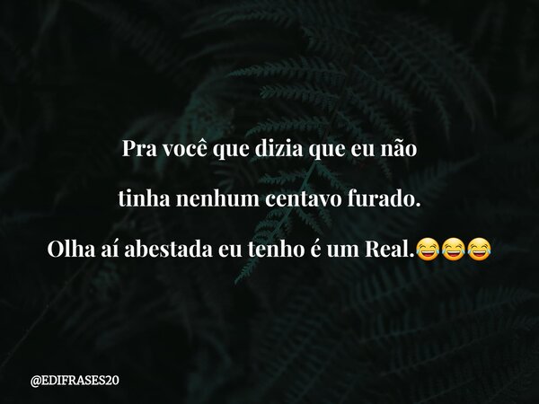 Pra você que dizia que eu não tinha nenhum centavo furado. Olha aí abestada eu tenho é um Real.😂😂😂... Frase de EDIFRASES20.