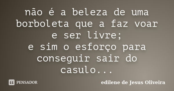 não é a beleza de uma borboleta que a faz voar e ser livre; e sim o esforço para conseguir sair do casulo...... Frase de edilene de Jesus Oliveira.