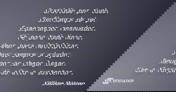 Gratidão por tudo. Confiança de pé. Esperanças renovadas. Fé para toda hora. Amor para multiplicar. Deus sempre a ajudar. Devagar se chega longe. Com a força do... Frase de Edilene Matoso.
