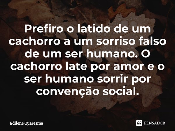⁠Prefiro o latido de um cachorro a um sorriso falso de um ser humano. O cachorro late por amor e o ser humano sorrir por convenção social.... Frase de Edilene Quaresma.